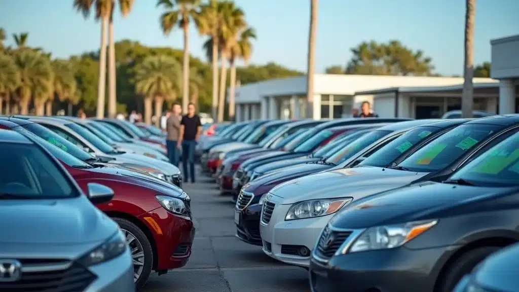 Diverse inventory of used cars at a Charleston SC dealership—Customers browsing lot, various car models in excellent condition, palm trees, bright daylight