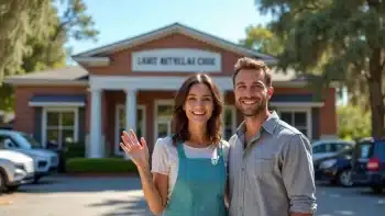 A smiling woman and man stand outside in front of a brick building with a sign reading LSMT ANVTLAL CHK. The woman is waving at the camera.