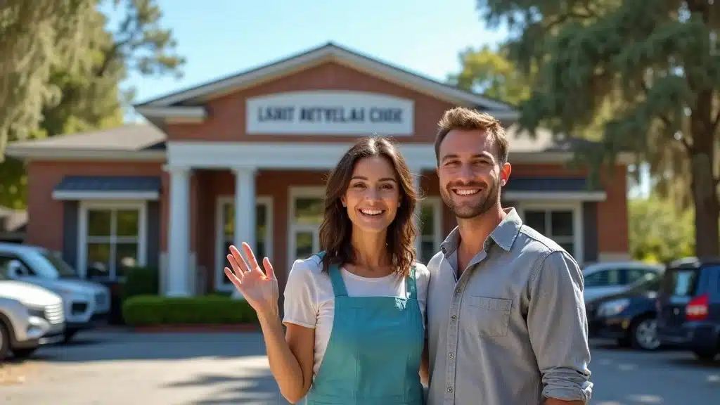 Welcoming used car dealership exterior in Charleston SC—Modern brick dealership with staff, parked pre-owned cars, and open sign, set among oak trees and Spanish moss in a sunny, suburban Charleston neighborhood
