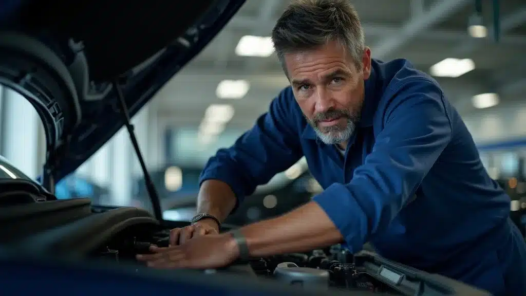 Best quality used vehicle inspection—Experienced mechanic inspecting a clean used car at a Charleston dealership, toolset, certification badge, bright LED lighting