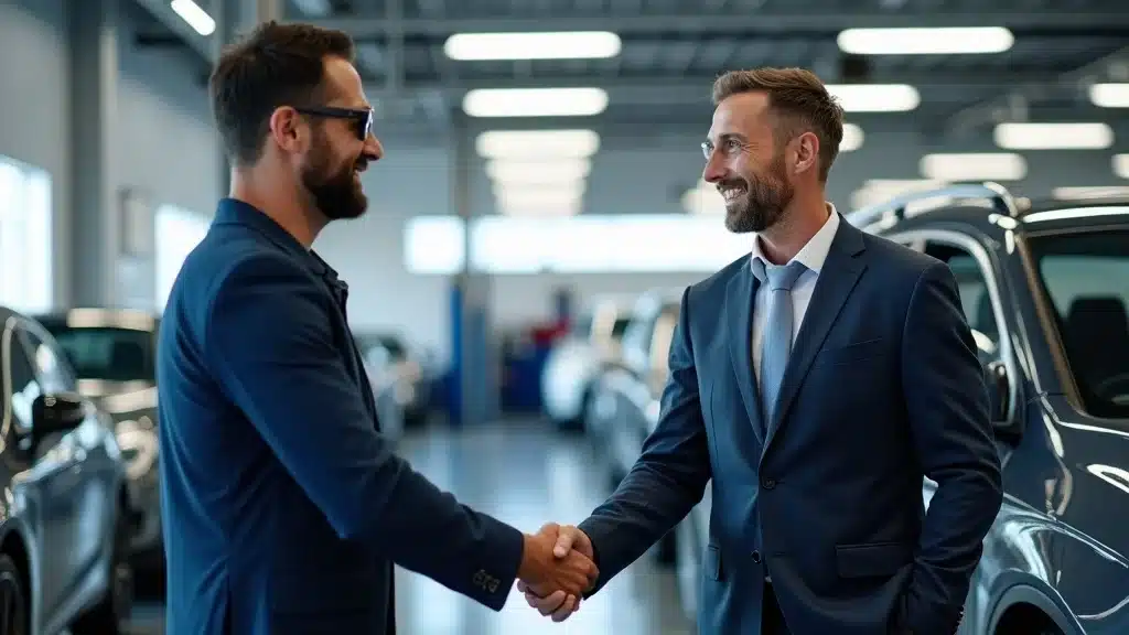 Personalized after-sales assistance at a Charleston used car dealership—Service advisor shaking hands with customer beside a vehicle in a service bay, modern equipment, friendly staff, bright lighting