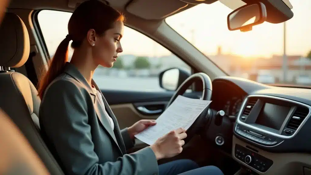 Inspecting vehicle history report in a Charleston dealership—Young professional examining dashboard and report in clean pre-owned car, bright and airy, tan interior
