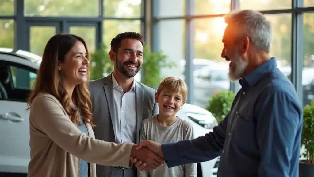 Family car-buying experience at a Charleston SC dealership—Multi-generational family with a car salesperson in a bright, plant-filled showroom, smiling and shaking hands, clean pre-owned SUV in background