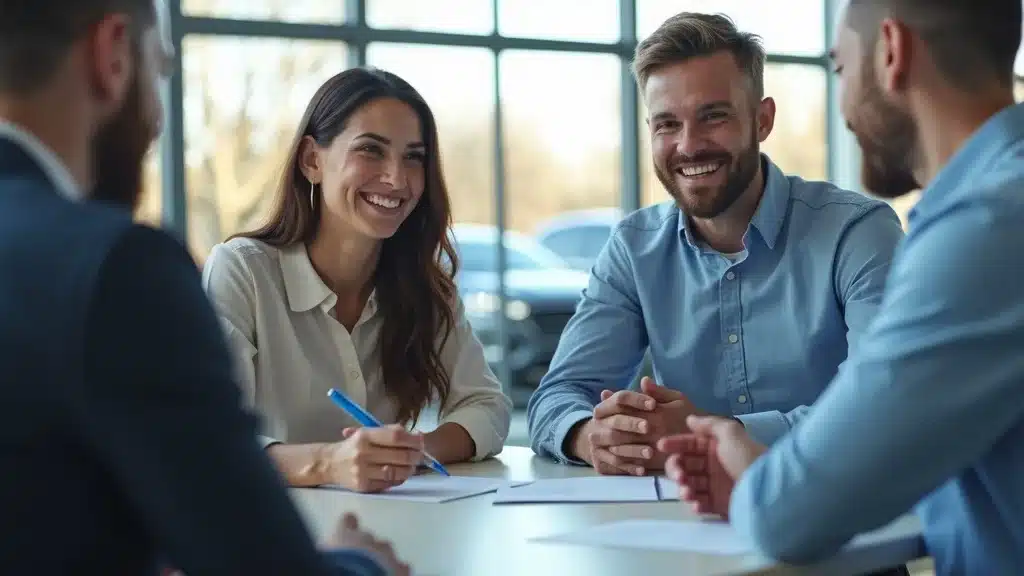 Happy couple discussing auto loan documents with a professional dealerโcar buying when credit is a problem, supportive dealership environment