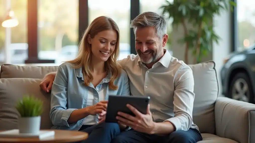 Customer review moments in a Charleston dealership—Couple checking dealer ratings on a tablet, discussing in modern sunlit lounge, plants and coffee table, dealership in activity background