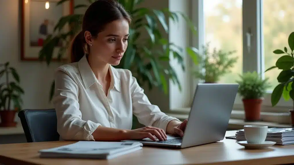 Focused professional woman researching auto loan options on a laptopโstrategies for car buying when credit is a problem