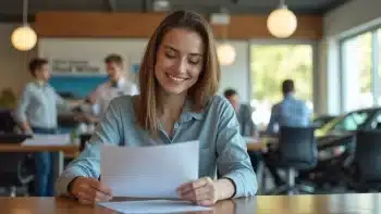 A woman sits at a desk, smiling while reading a document; several people and cars are visible in the background, suggesting an office or dealership setting.