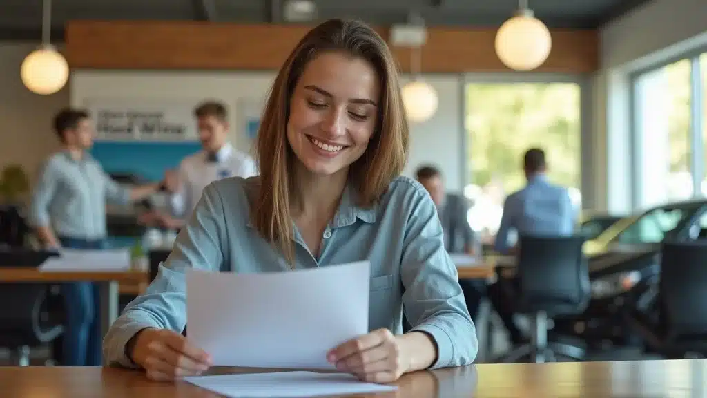 Hopeful young adult reviewing documents at a used car dealership with a supportive sales agentโcar buying when credit is a problem