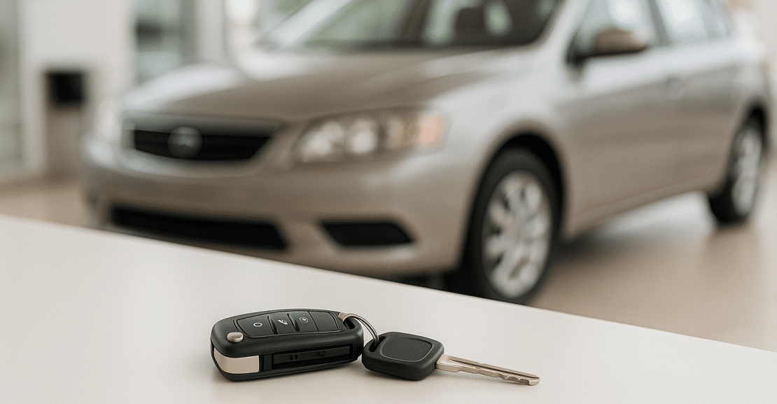 Car keys on a dealership desk for a buyer exploring options after repossession