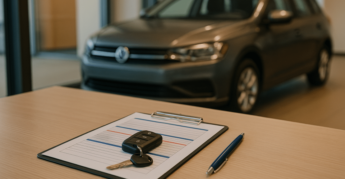 Used car keys and paperwork at a dealership desk while reviewing down payment options